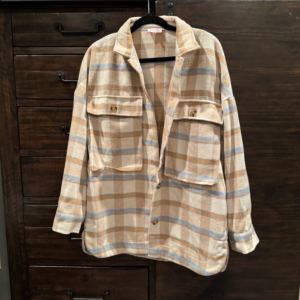 Pink Lily Tan and Cream Plaid Utility Jacket